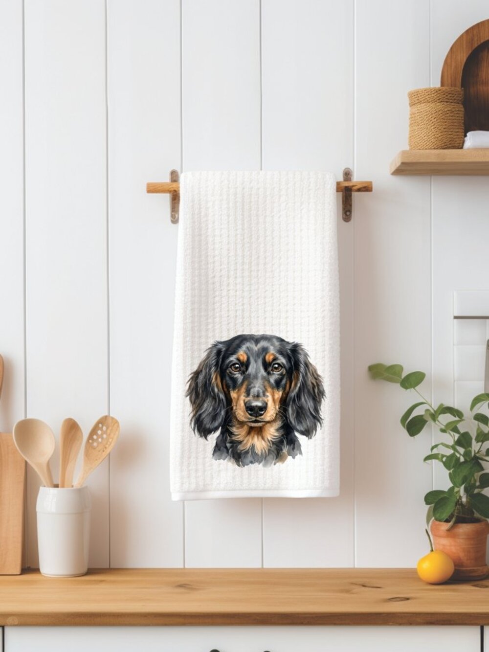 Black & Tan Longhair Dachshund Dog Waffle Weave Decorative Kitchen Tea Towel